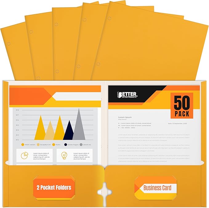 Better Office Products Two Pocket Portfolio Folders, 50-Pack, Dark Yellow, Letter Size Paper Folders, 50 Pieces, Dark Yellow