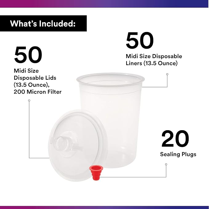 3M PPS (Original Series) Paint Spray Gun Cup Lids and Liners Kit, 16112 | 13.5 oz; Midi; 200-micron Filter; 50 Disposable Lids and Liners; 20 Sealing Plugs; Use w/ Paint Gun for Cars, Furniture, Home