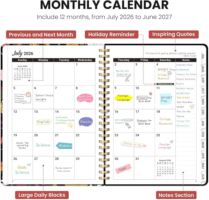 ZOTIA Academic Planner 2026-2027, Monthly & Weekly Jul 2026-Jun 2027 | Lily Garden, 8.5" x 11" Calendar Planner for Women, Hardcover Pretty Organizer for Women, School Office Home Supplies