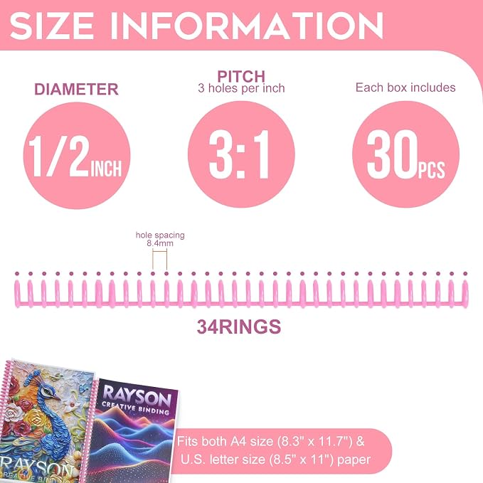 Rayson PROC1230PK Click Binding Spines, 3:1 Pitch, 1/2" Diameter, 90 Sheets Binding Capacity, Pink, 30/Box