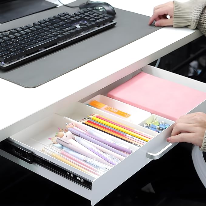 Under Desk Drawer 21" with 4 Divider Trays, Storage Drawer Organizer | White, Under Counter, Desk Accessory, Attachable for Workbench, Adjustable Brackets, for Desk Lip with Crossbar, Clamp Mount