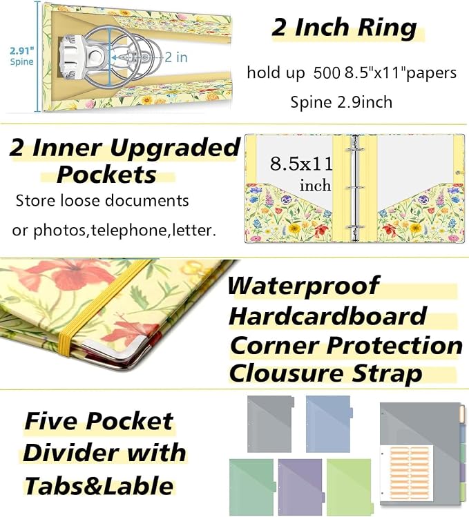 3 Ring Binder 2 Inch, Three Ring Binders Organizer with Clipboard, 5-Tabs Pockets Dividers, Plastic Folder, 18 Divider Stikers, KLLVE Cute Binder with Pen Loop (Garden Party, Letter Size)