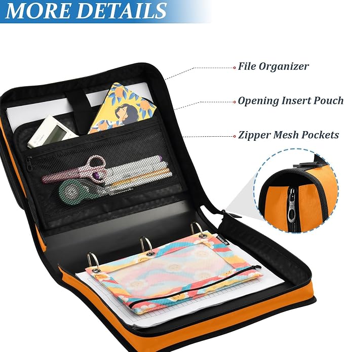 YETTASBIN Orange 3-Ring Zipper Binder with Shoulder Strap & Handle - 1.5" Binder Organizer Water-Resistant Expandable File Folder with Multi Pocket for School & Office Supplies
