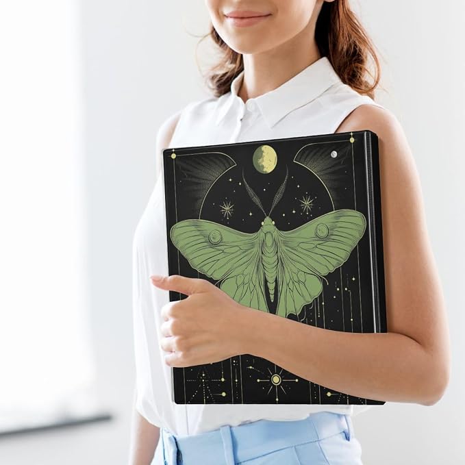 Gothic Luna Moth 1.5 Inch Binders 3 Ring with Clipboard&2 Pockets Large Heavy Duty Binders Decorative D-Ring Binder Flexible Green and Black Goth Hardcover Binders, Holds 200 Sheets
