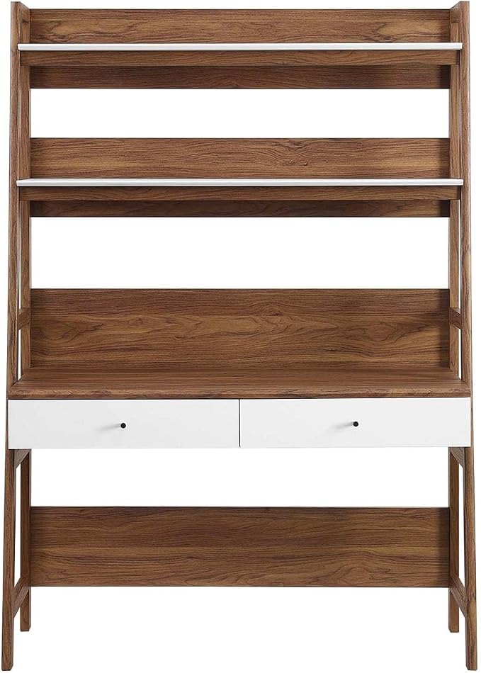 Modway Bixby Home Office Desk with Bookshelf in Walnut White