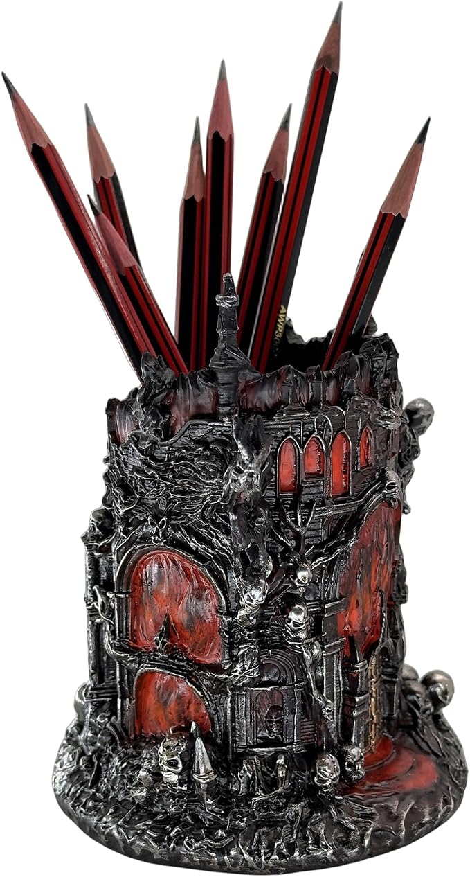 LOOYAR Gothic Inferno Castle Resin Pen Holder for Office & Home Decor | Gothic inferno castle design Premium resin with fine details Holds pens or makeup tools Works For desk vanity aquarium decor