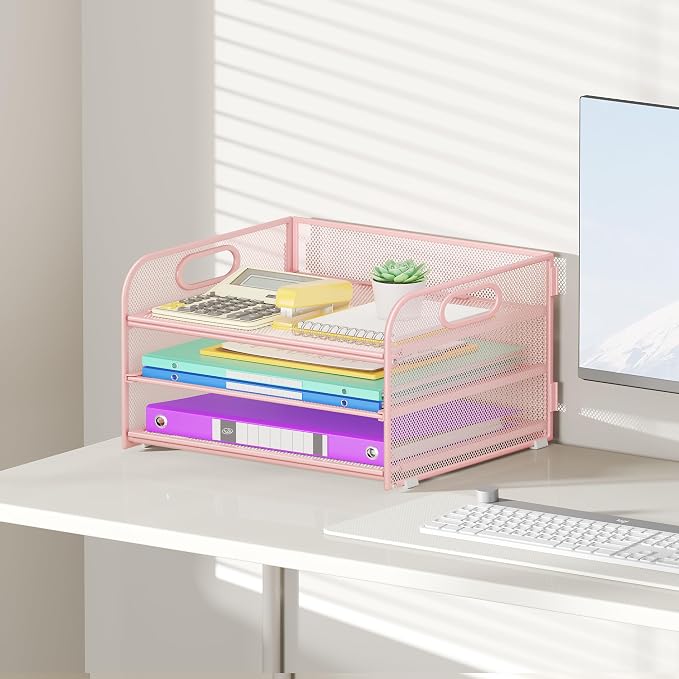 Cawukege 3 Tier Paper Organizer with Handle, Metal Desk Organizer Mesh Paper Letter Tray Desktop File Folder Document Sorter for Classroom, School, Office Accessories Storage (1, Pink)