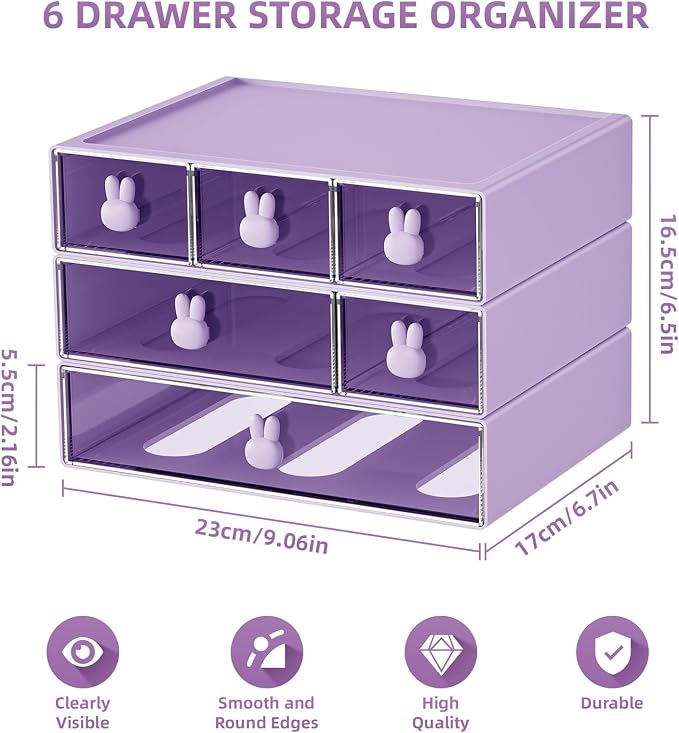 Marbrasse Desk Organizer with 6 Drawers, 3 Tier Stackable Storage Drawers Plastic Makeup Storage, Office Organizers and Storage, Desk Storage Box for Office, School, Home Purple