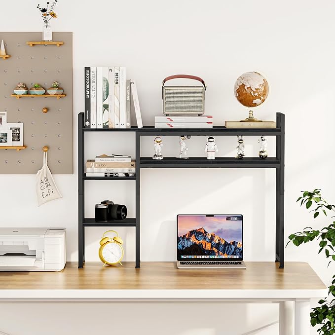 Snughome Adjustable Desk Shelf with Monitor Stand, 38.6" Desktop Organizer Hutch, Height Adjustable Computer Monitor Riser & 4 Tier Storage Bookshelf for Home Office Dorm, Black