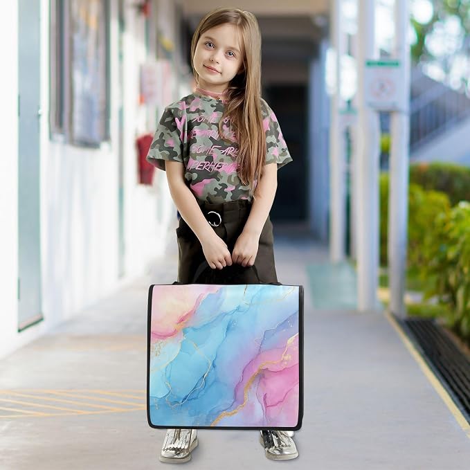 Blue Pink Marble Pattern 3 Ring Zipper Binder with Shoulder Strap & Handle 3 Inch D-Ring Zippered Bag with Pencil Pouch,Multiple Pocket & Expanding File Folder, Binder Organizer for School or Office