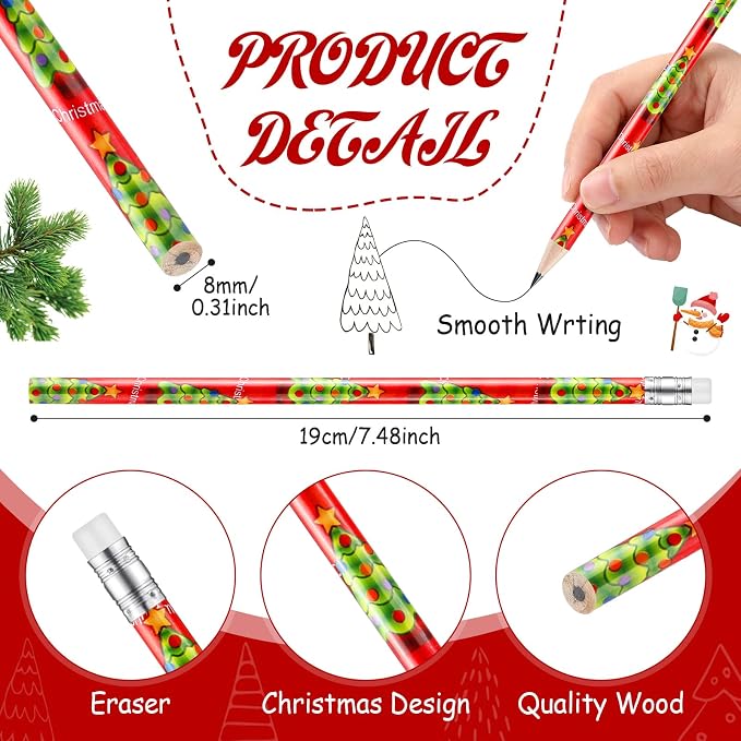 Yexiya 48 Pcs Christmas Pencils Wood with Erasers 12 Designs Bulk