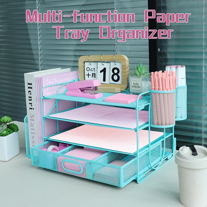 Desk Organizers and Accessories with File Holder, 4-Tier Paper Letter Tray Organiser with Drawer and 2 Pen Holder, Mesh Desktop Document Organizer for Office Supplies, Workspace - Blue