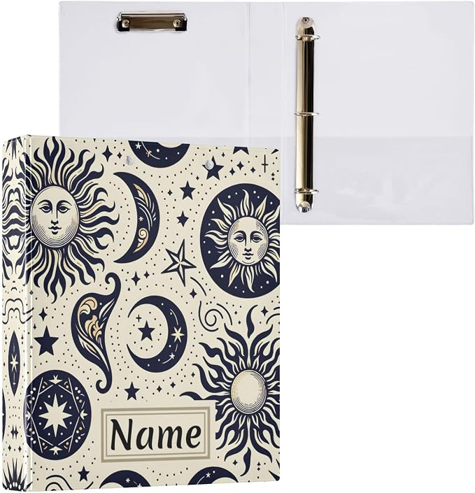 Custom 3 Ring Binder Sun Moon Crescent Boho Stars 1.5" Round Ring Binders Personalized Name View Binder with 200 Sheet for Women Men Office Kids School Supplies, 1 Pack