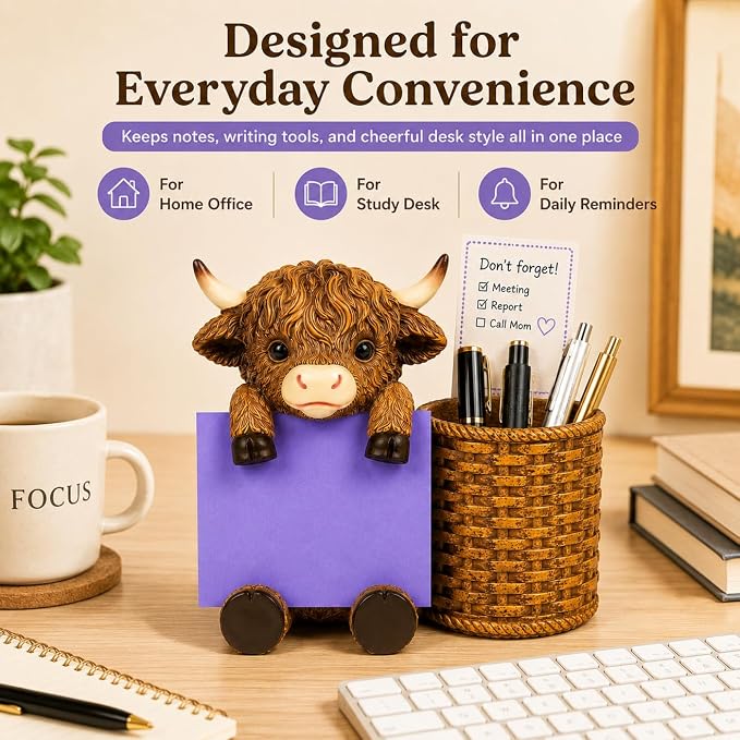 Highland Cow Note Pad Dispenser with Pen Cup, Desk Organizer | Cute highland cow note pad dispenser with pen cup, perfect for desks, offices, classrooms, and cow lover gifts.