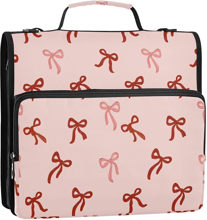 3 Ring Zipper Binder with Shoulder Strap Cute Red Bows Pink B 1.5 inch Binders Keeper Large Capacity Multi Pockets for School Office Supplies