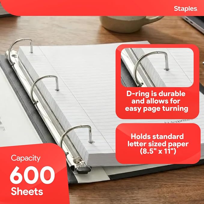 Staples Heavy-Duty 3-Inch D-Ring Binder, White, Holds 600 Sheets | Large-capacity 3-ring binder with pockets for document storage.