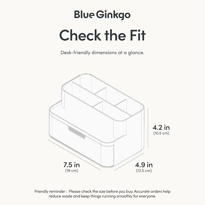BLUE GINKGO Compact Desk Organizer, Transperent, Made in Korea | 5 Compartments. Half Drawer. Space-Saving.