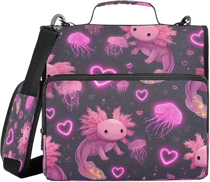 ALAZA Zipper Binder 3 Ring Glowing Love Heart Axolotl Binder Organizer with Zipper and Shoulder Strap Large Capacity Multi-Pocket Trapper Keeper File Folder for Office Supplies