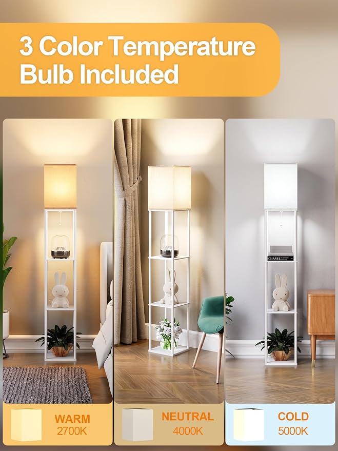 Floor Lamp with Shelves for Living Room White, Shelf Floor Lamp with 3 CCT LED Bulb, Corner Display Standing Column Lamp Etagere Organizer Tower Nightstand with White Linen Shade for Bedroom, Office