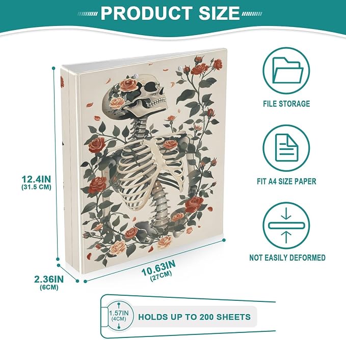 3 Ring Binder Skeleton and Roses 1.5" Round Ring Binders View Binder with 200 Sheet for Women Men Office Kids School Supplies, 1 Pack