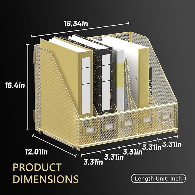 DALTACK 5-Slot Magazine File Holder, Metal Binder Holder, Gold | Iron Mesh Construction, Labeled Sections for Easy Sorting, Anti-Slip Feet, Binder and Folder Storage for Office, Classroom