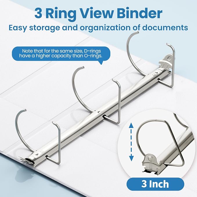 SUNEE 3 Ring Binder 3 Inch D Ring, Clear View Binder Three Ring PVC-Free (Fit 8.5x11 Inches) for School Binder or Office Binder Supplies, White Binder, 1 Pack