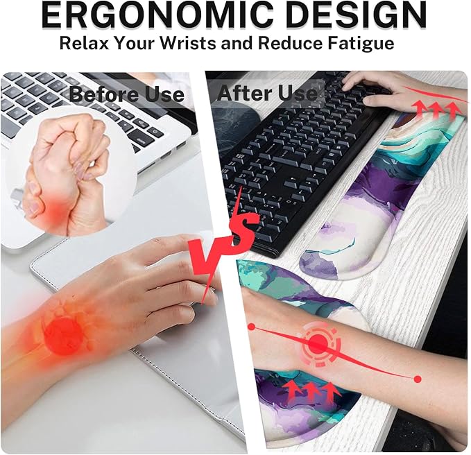 Keyboard Mouse Pad Set, 4 in 1 Desk Mat Set, Marbling Liquid | Teal Purple Large Mousepad+Keyboard Wrist Rest+Mouse Wrist Rest+Coaster Ergonomic Design for Home Office Computer