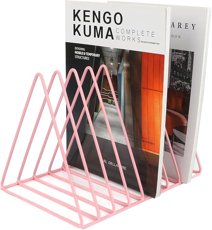 Vinyl Record Holder Storage, 9 Slot Metal Magazine Book Album Display Rack, Stylish Triangle Desktop File Sorter Organizer for Home Office, Pink Pack of 2
