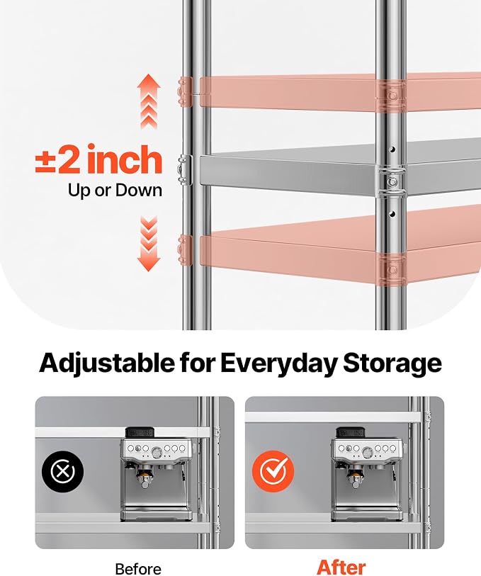 VEVOR Stainless Steel Shelving 48x18.5 Inch 5 Tier Adjustable Shelf Storage Unit Stainless Steel Heavy Duty Shelving for Kitchen Commercial Office Garage Storage 330lb Per Shelf | Storage Unit for Various Spaces Load Capacity 330 lbs Per Shelf Heavy Du...