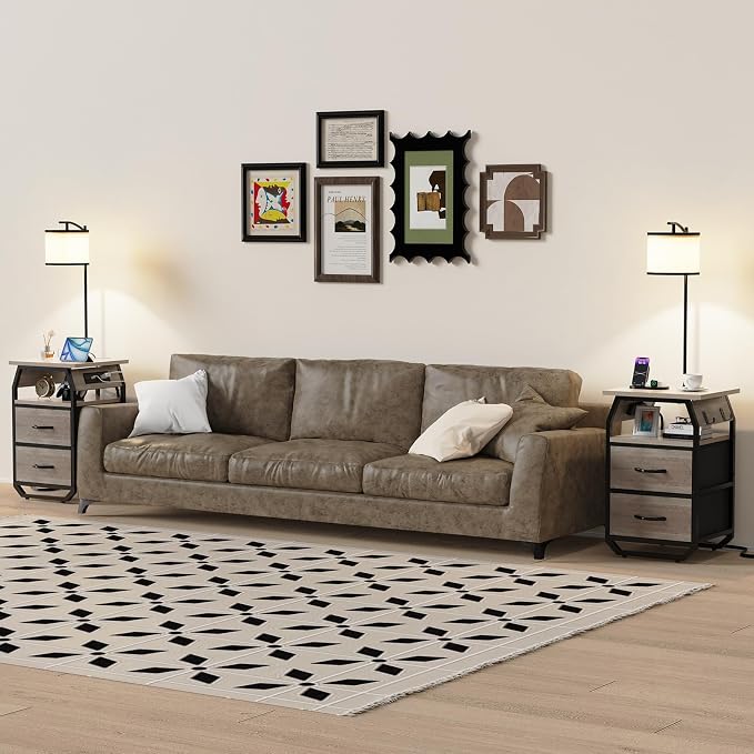 runjuly Floor Lamp with Table, End Tables with Lamps Attached 3-Color Temperature Bulb, Side Table with Lamp with 2 Drawers & Charging, Lamps Tables Combo for Bedroom, Dorm, Apartment - Greige