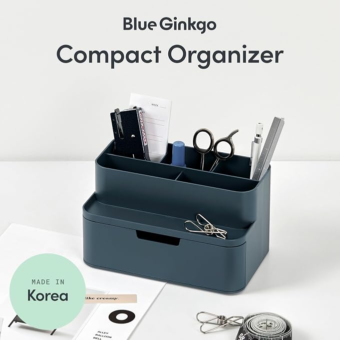 BLUE GINKGO Compact Desk Organizer, Blue, Made in Korea | 5 Compartments. Half Drawer. Space-Saving.
