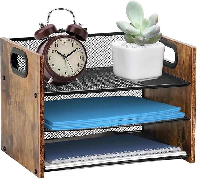 Desk Organizer - 3 Tier Wood & Metal Mesh Desktop Organizer for Office, Home, School, Workspace, Office Desk Organzier for Papers, Mail, Notebooks, Stationery
