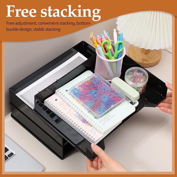 DoubleFill 6 Pcs Stackable Letter Tray Rectangular Plastic Desk Organizer 13 x 9.5 x 2.6 in Paper Holder File Tray Accessories Rack for Desktop Office Desk Drawers (Black)