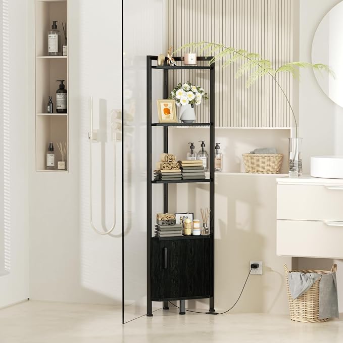 5-Tier Corner Shelf with LED Light,Black Corner Cabinet with Doors | 62.8”Tall Corner Bookshelf with Storage Rack for Bedroom,Living Room,Kitchen,Metal Frame,Wood Display Shelf,Easy to Assemble