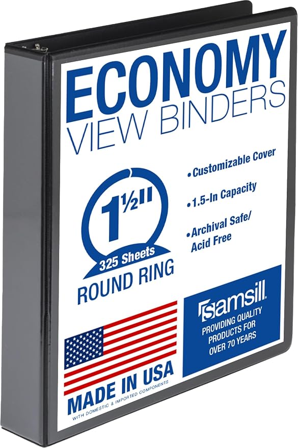 Samsill 1.5 Inch 3 Ring Binder, Economy Round Ring, Clear View Cover, 325 Sheet Capacity - for School, Home, Office - Charcoal Black