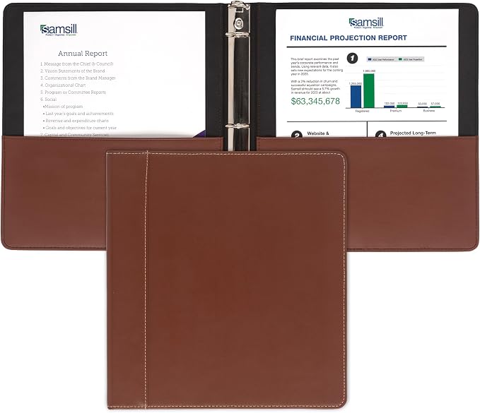 Samsill 1 Inch 3 Ring Binder, Leather, Brown with Contrast Stitching, 8.5X 11 Inch, 3 Rings, Notebook Binder, Portfolio Organizer, Planner, Journal