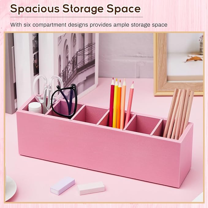 Jetec Wooden Pencil Pen Holder for Desk 6 Compartments Cosmetic Makeup Brush Stationery Office Desktop Organizers for Countertop Adjustable Silverware Caddy for Party, Art Supplies,Home(Pink)