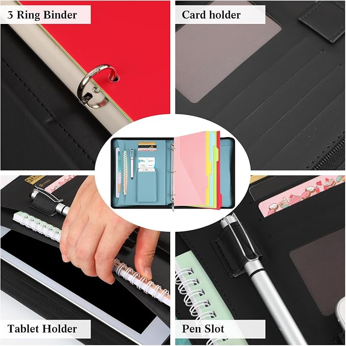 Gilprop 3 Ring Binder with Clipboard, 13.4"x11" Binder Padfolio,Black | Faux Leather Binder Organizer with Zipper, 5 Folder Divider Pages for Documents Business Cards Teachers Nurses School Office