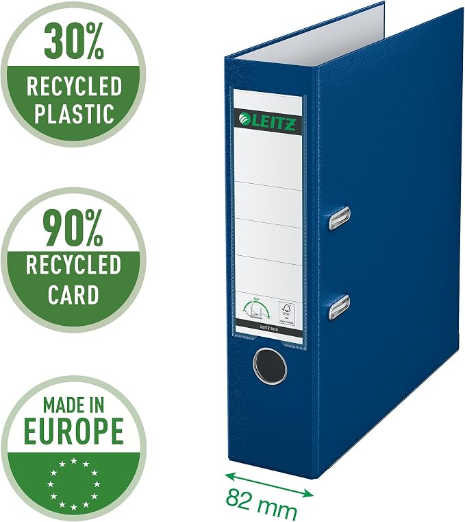 Leitz Plastic Lever Arch File, 90 Percent Recycled Card, 30 Percent Pre-Consumer Recycled Plastic, with Thumbhole and Rado Rings, 80mm Spine 600 Sheet Capacity, Blue, 10101035