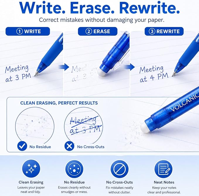 Volcanics Retractable Clicker Erasable Gel Pens, Blue Ink, 0.7mm, 12 Pack