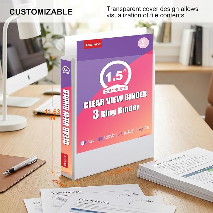 Customizable Round Ring Binder, 1.5 Inch 3 Ring Binder, Minimalist PVC-Free Binder with Clear View Cover, Lay-Flat Design for Structured Document Organization at Home, School & Office