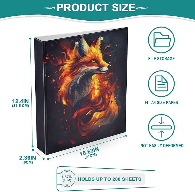 3 Ring Binders Red Fire Fox 1.5 Inch Round Ring Binders with Pockets Decorative Clipboard Binder Holds 200 Sheets View Binder for Home School Office,1 Pack