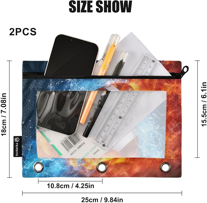 American Football Fire Water Pencil Pouch for 3 Ring Binder, 2 Pack Waterproof Pencil Bags Clear Window Pencil Case Zipper School Office Supplies