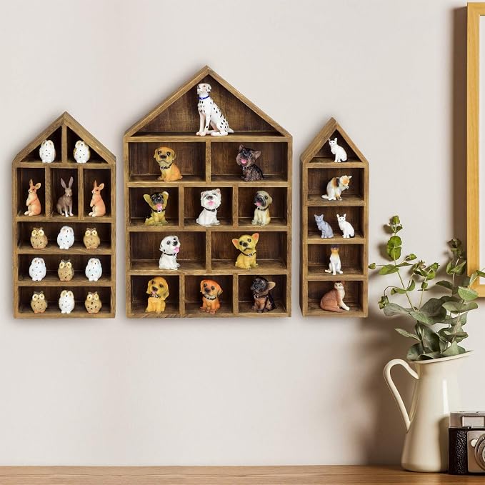 Ikee Design Wooden Shadow Box Display Shelf Organizer | Wall-mountable wood display rack with 5 adjustable shelves for figurines, action figures and collectibles.