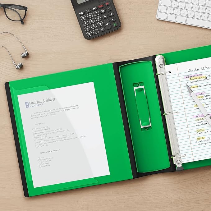 Staples Heavy-Duty 2-Inch D-Ring Binder, Green, Holds 540 Sheets | Large-capacity 3-ring binder with pockets for document storage.