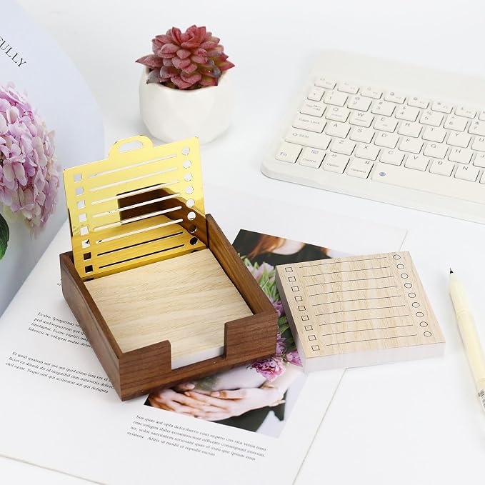 Buqoo Sticky Note Holder, Walnut Wood Post It Note Dispenser for Office Desk Supplies Organizer Accessories for Office Home Schools | Metal Stencil, 2* Sticky Notes 3"x3", Post It Note Dispenser Sticky Note Pad Holder Organizer for to Do Lists, Grocery...