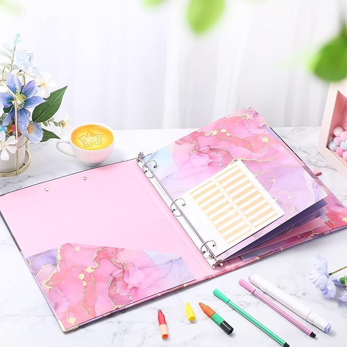 Harloon 3 Ring Binder with Clipboard, 12.4" x 10.4" Pink Binder Organizer with 5 Tab Dividers, 2 Pockets and Label Stickers for Back to School Gifts Classroom Office Teacher Students(Pink)