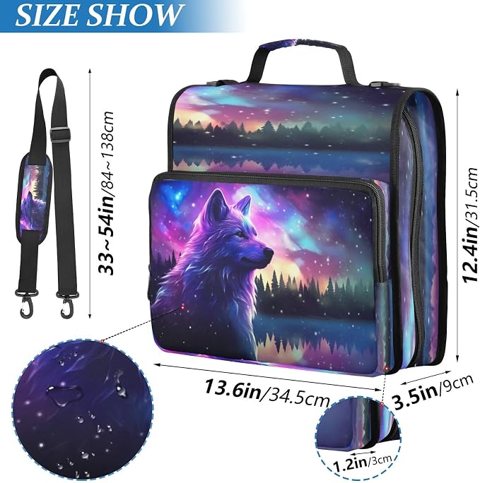 Stars Wolf Print Zipper Binder Bag 3 Ring with Shoulder Strap & Handle Multi Pocket Binder Organizer Bag Large Capacity for School Office Supplies