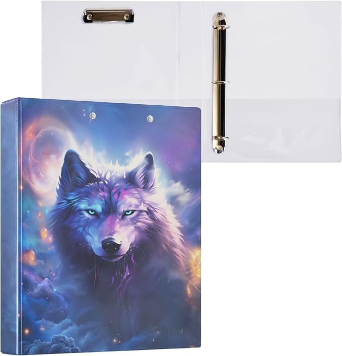 Galaxy Wolf Moon Round Ring Binders 1.5 Inch Space Planet Stars Purple 3 Ring Clipboard Binder for Office School Work Supplies File Folder Document 200 Sheet Capacity Easy Open 2 Pieces