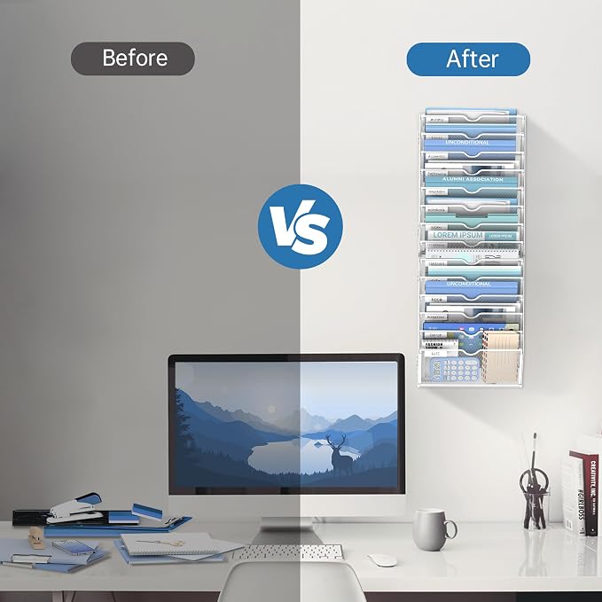 14-Tier Wall File Organizer and Hanging File Organizer, White | Wall Organizer and Wall Mounted File Holder with 14 Pockets and Label Panels for Files, Mail, Folders, Magazines and Paper